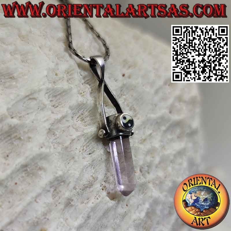 Mobile silver pendant with natural amethyst prism and yin yang
