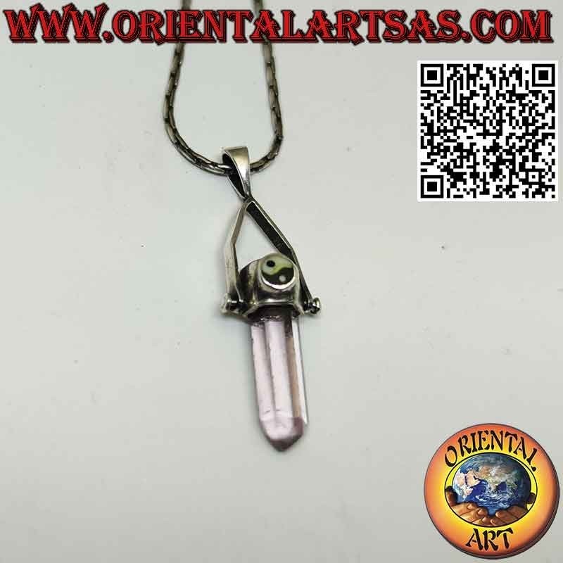 Mobile silver pendant with natural amethyst prism and yin yang