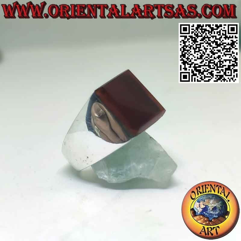 Silver ring with rectangular carnelian on a large smooth setting