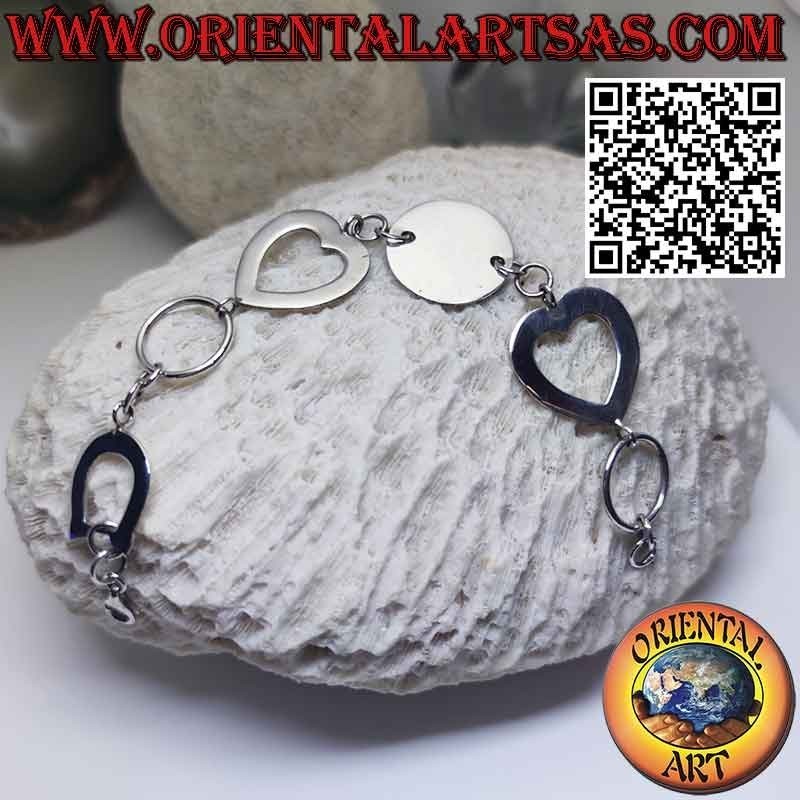 Bracelet en argent avec 1 plaque ronde 2 coeurs et 1 fer à cheval