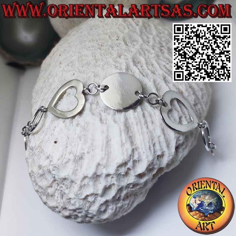 Pulsera de plata con 1 placa redonda 2 corazones y 1 herradura