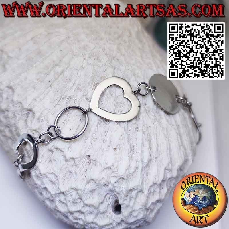 Silver bracelet with 1 round plate 2 hearts and 1 horseshoe