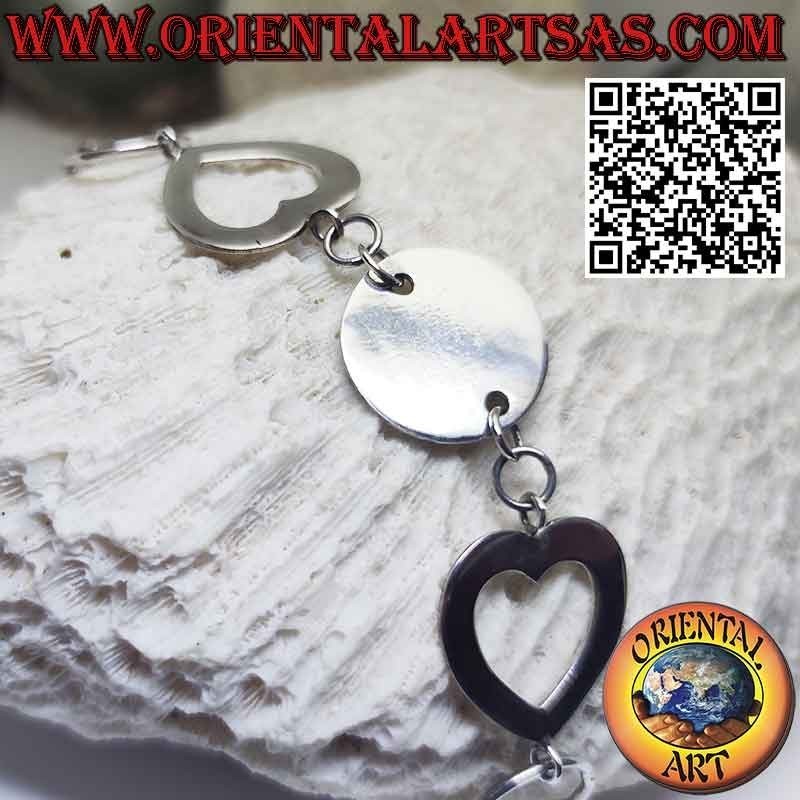 Silver bracelet with 1 round plate 2 hearts and 1 horseshoe