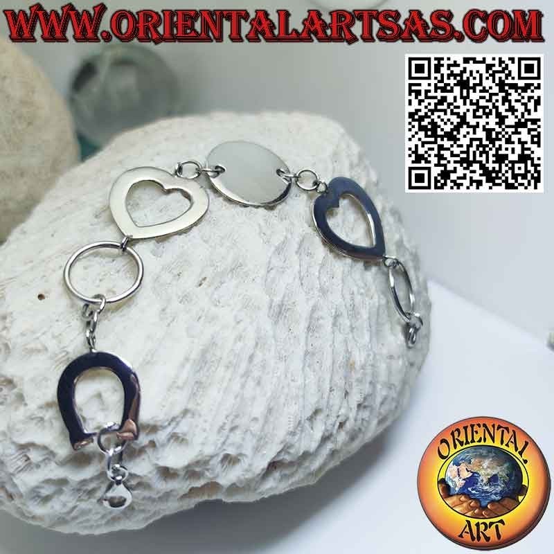 Bracelet en argent avec 1 plaque ronde 2 coeurs et 1 fer à cheval