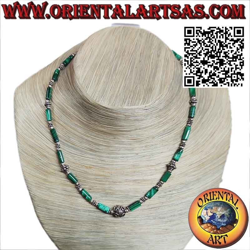 Collana Malachite Naturale: Cilindri, Sfere & Argento