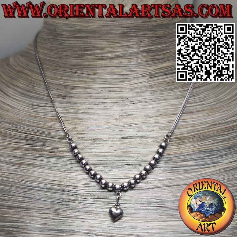 Collier en argent 925 ‰ avec dix-neuf sphères et un pendentif coeur