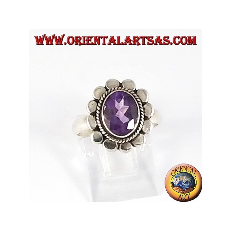 Bague en argent avec améthyste facettes bord ovale clouté