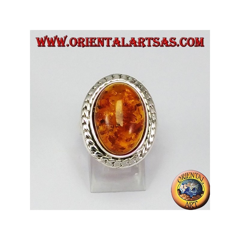 Silver ring with large oval amber