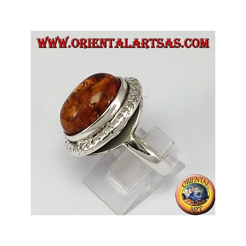 Silver ring with large oval amber