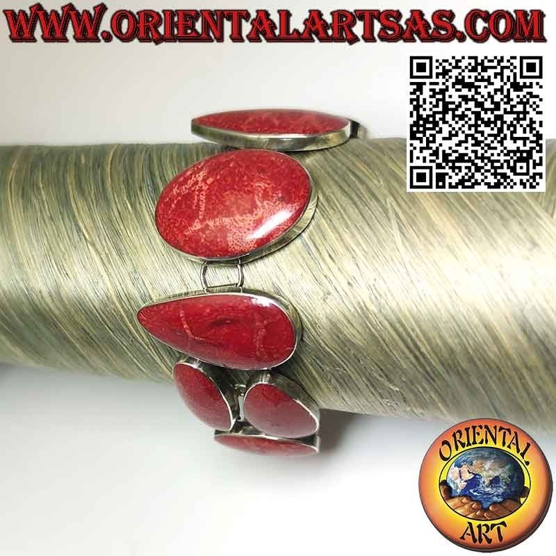 Bracelet en argent 925 ‰ avec 10 madrépores rouges multiformes (corail).