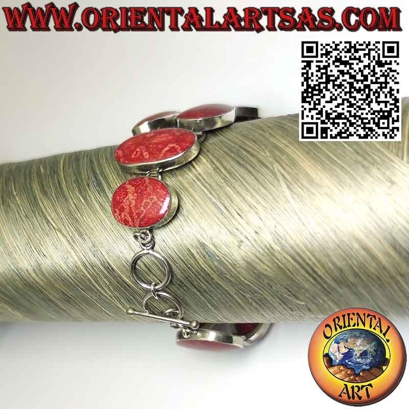 Pulsera en plata 925 ‰ con 10 madréporas rojas multiformes (coral).