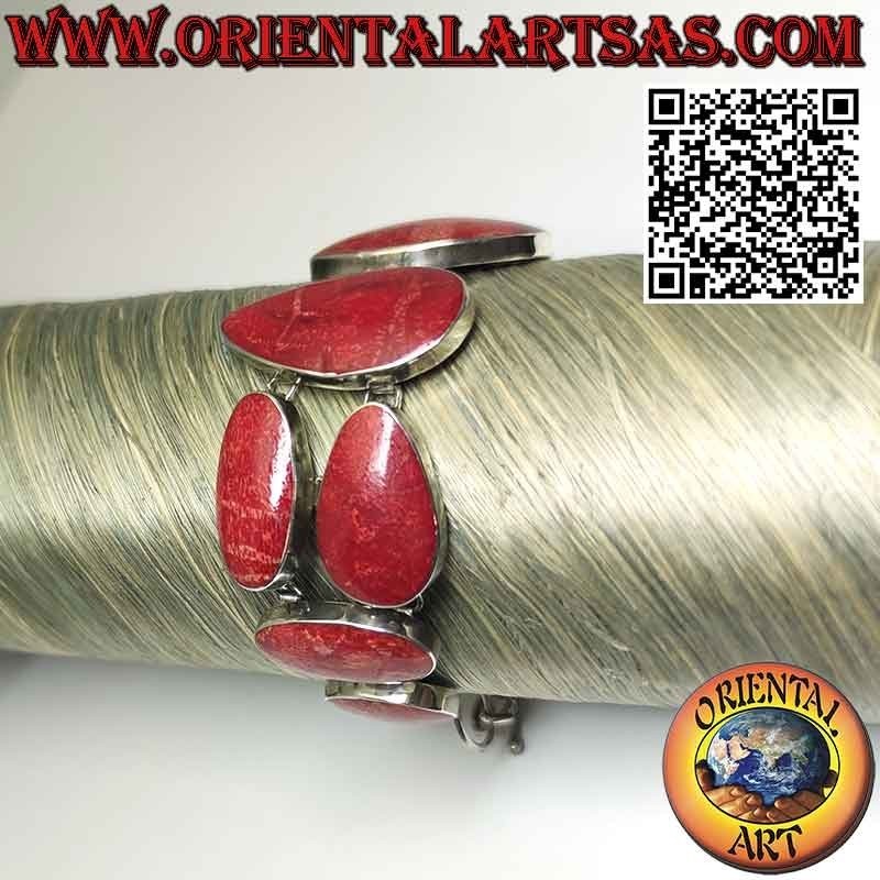Pulsera en plata 925 ‰ con 10 madréporas rojas multiformes (coral).
