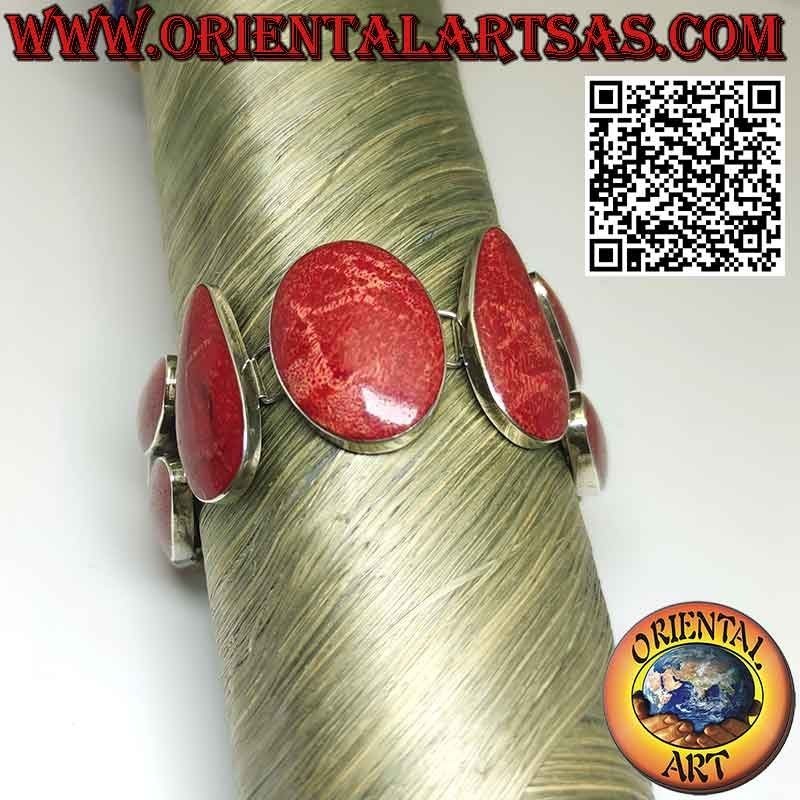 Bracelet en argent 925 ‰ avec 10 madrépores rouges multiformes (corail).