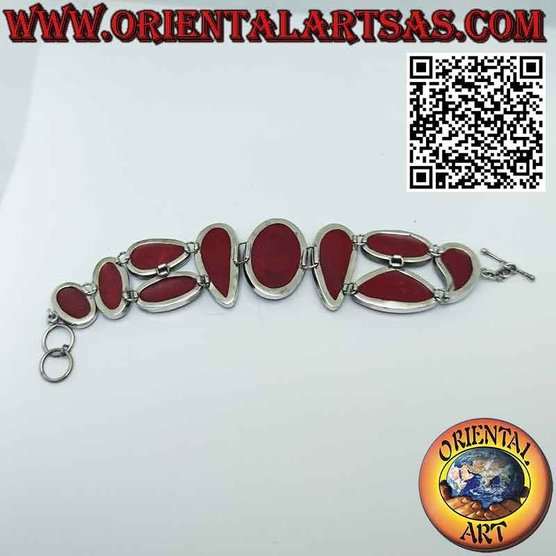 Pulsera en plata 925 ‰ con 10 madréporas rojas multiformes (coral).