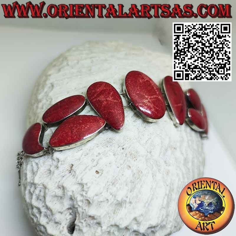 Bracelet en argent 925 ‰ avec 10 madrépores rouges multiformes (corail).
