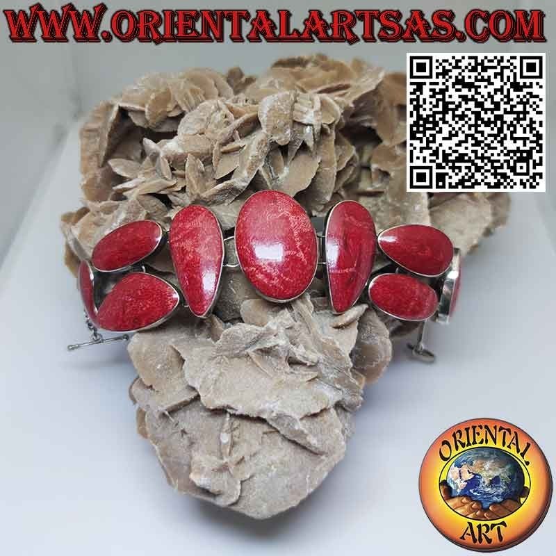 Bracelet en argent 925 ‰ avec 10 madrépores rouges multiformes (corail).