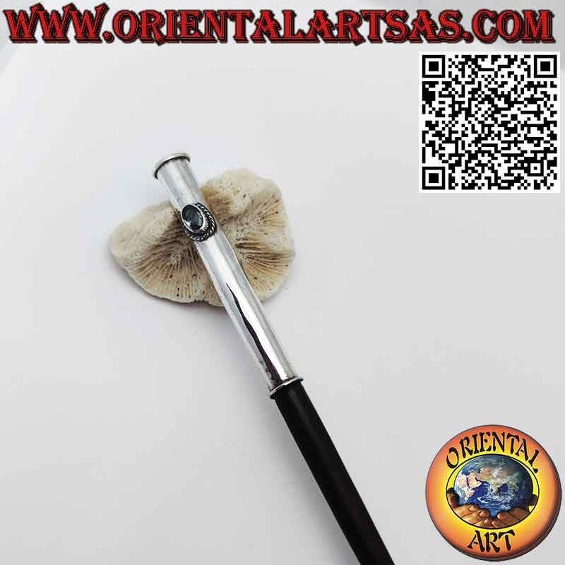 Haarnadel aus Ebenholz mit silberner Kappe und Aquamarin