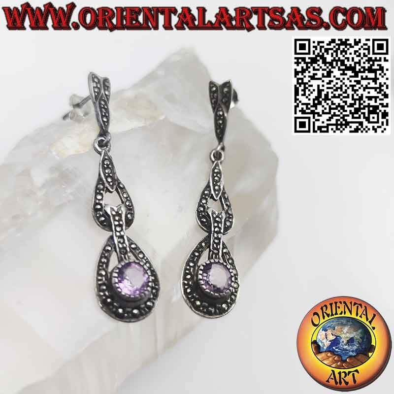 Long silver earrings with round natural amethyst and marcasites