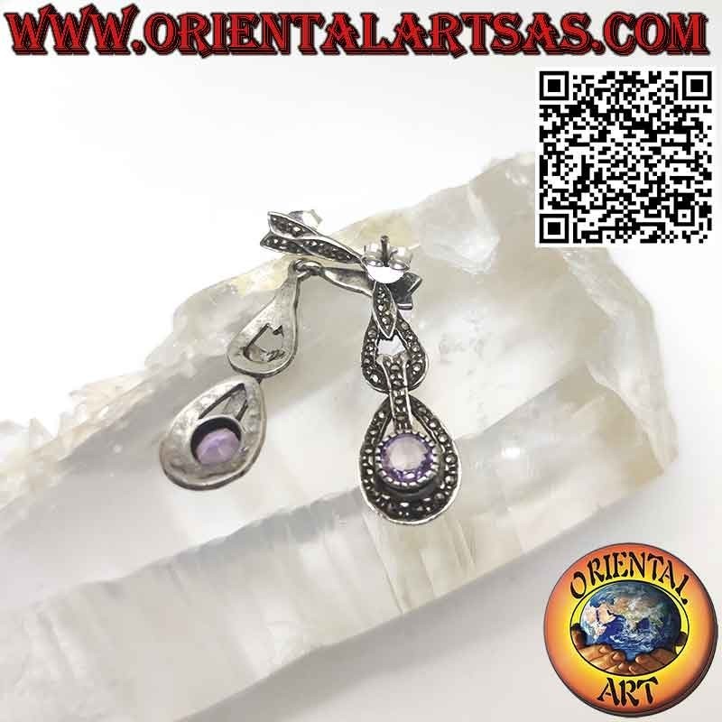 Lange Silberohrringe mit rundem natürlichem Amethyst und Markasiten