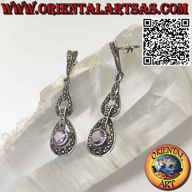 Long silver earrings with round natural amethyst and marcasites