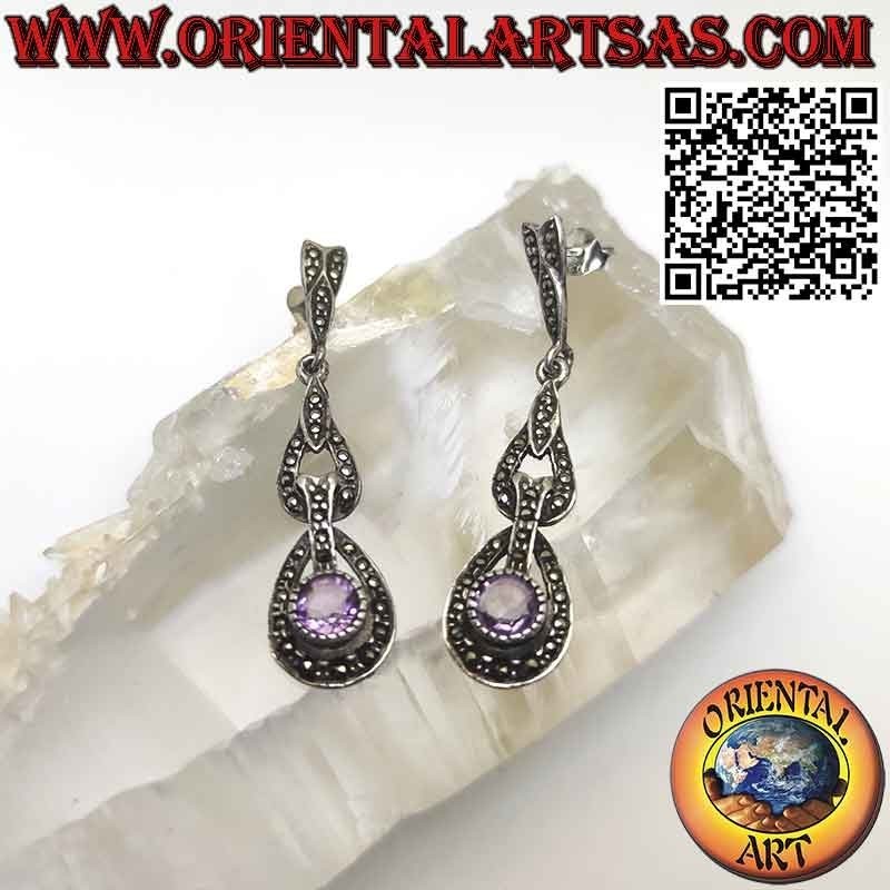 Lange Silberohrringe mit rundem natürlichem Amethyst und Markasiten