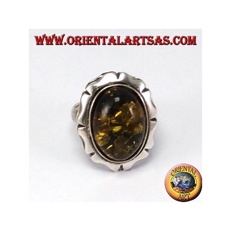 Bague en argent avec ambre grand ovale vert
