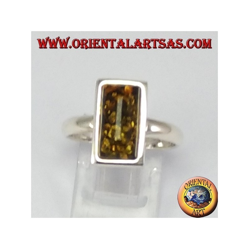 Simple silver ring with rectangular green Amber