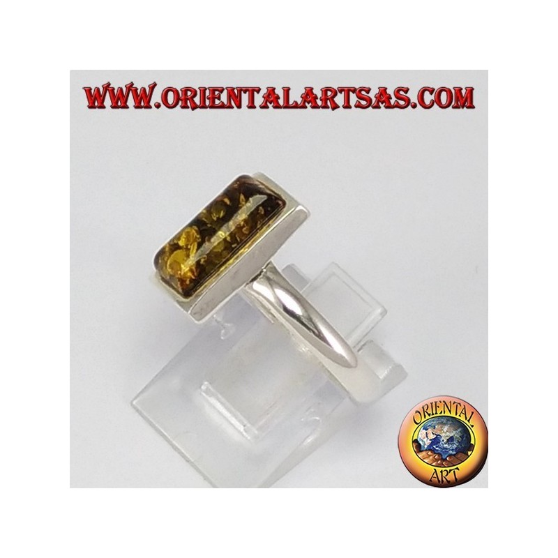 Simple silver ring with rectangular green Amber