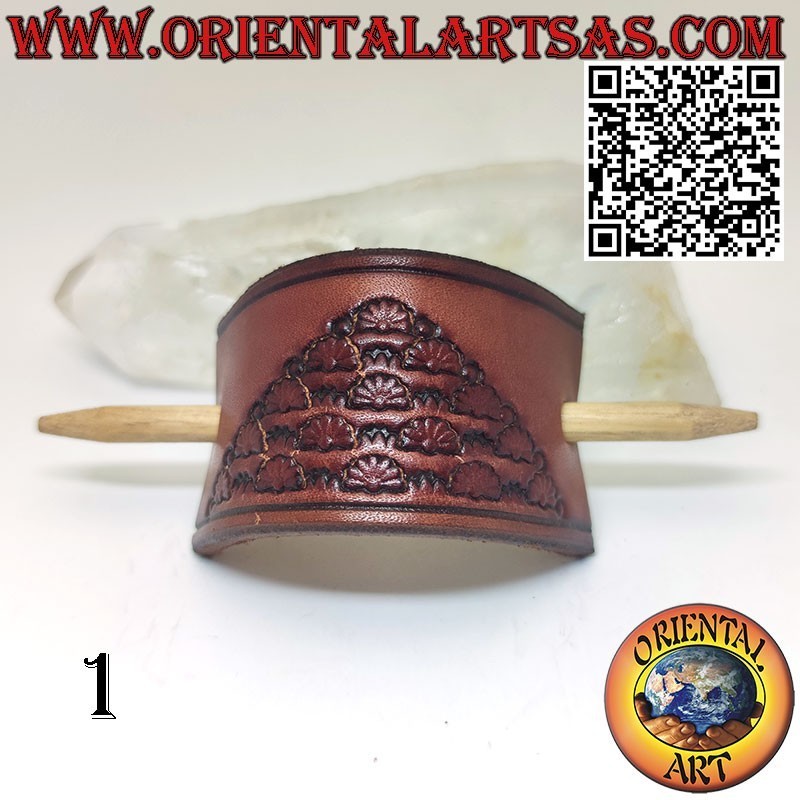 Rectangular hand-punched leather hair clip with pin, brown