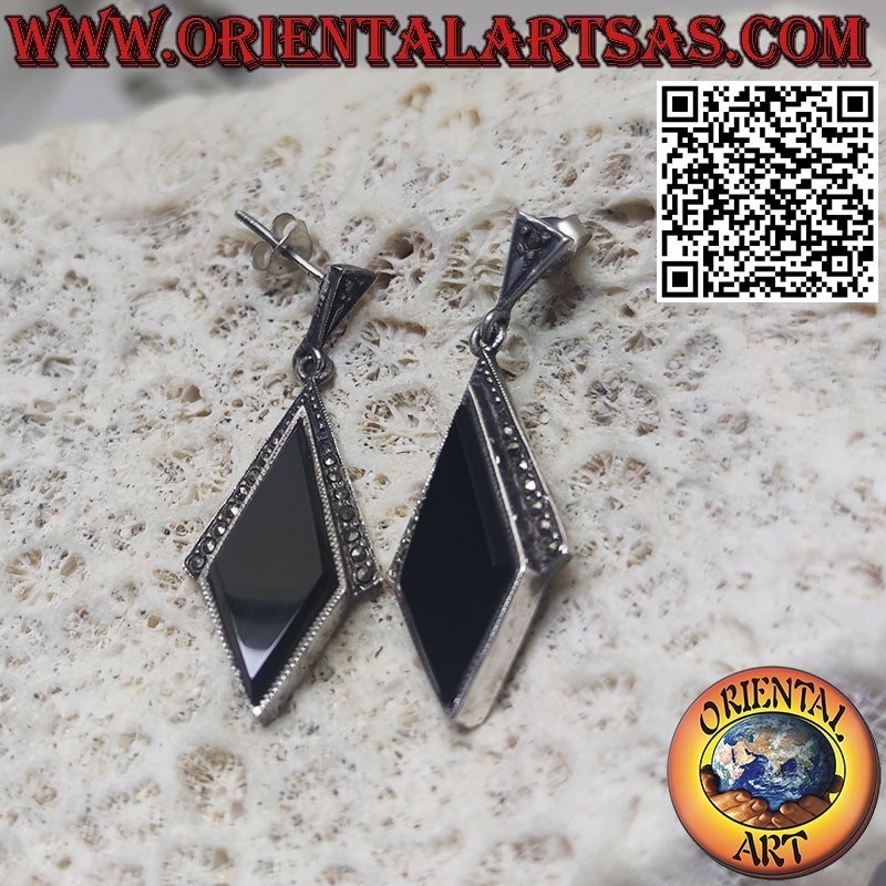 Pendant silver earrings with rhombus-shaped onyx and Marcassite