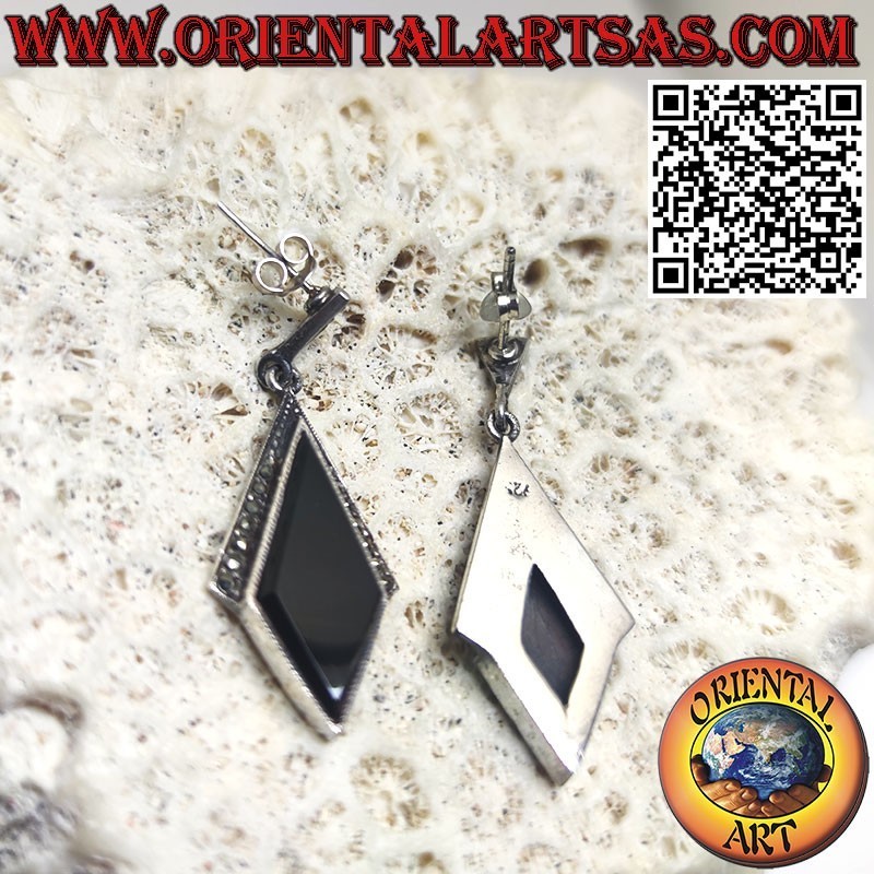 Pendant silver earrings with rhombus-shaped onyx and Marcassite