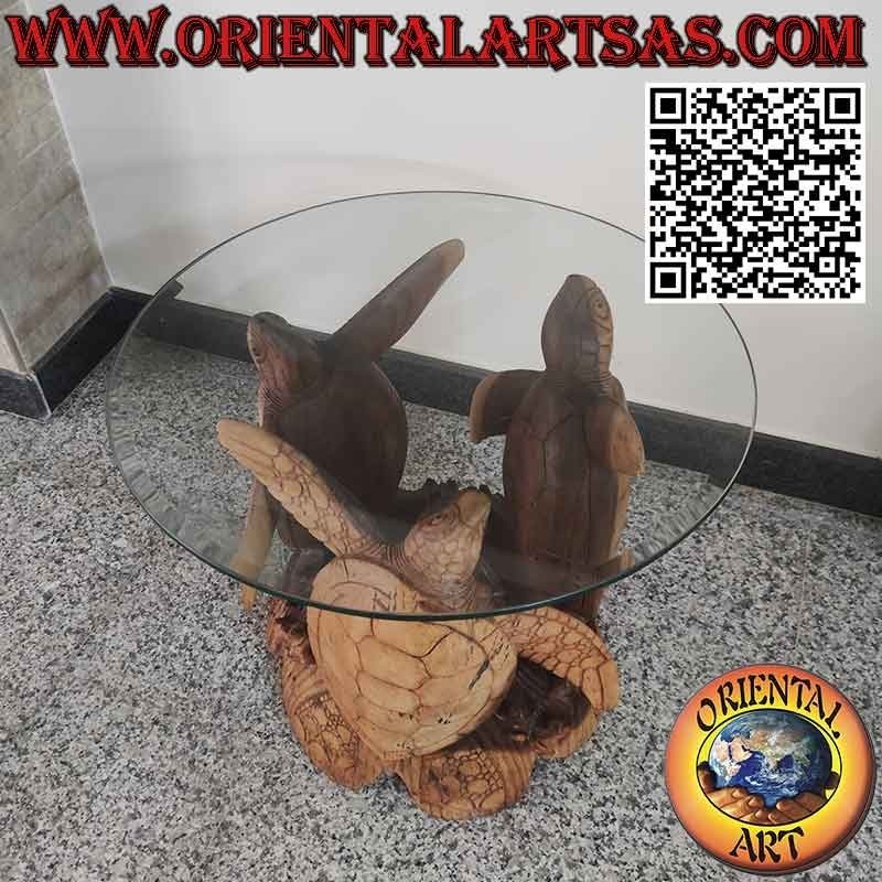 Table ronde aux trois tortues sculptées et plateau en cristal taillé