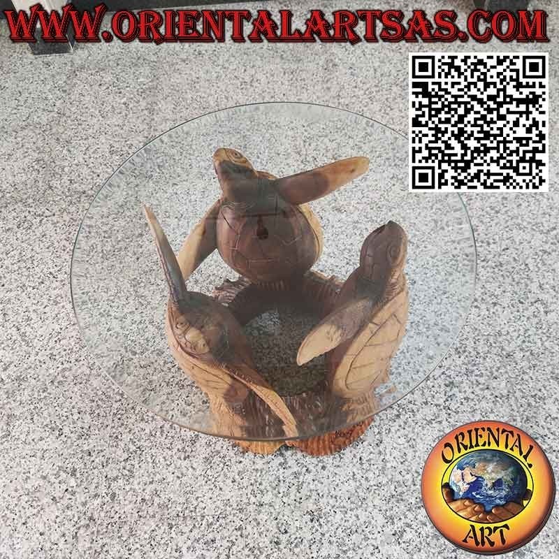 Table ronde aux trois tortues sculptées et plateau en cristal taillé