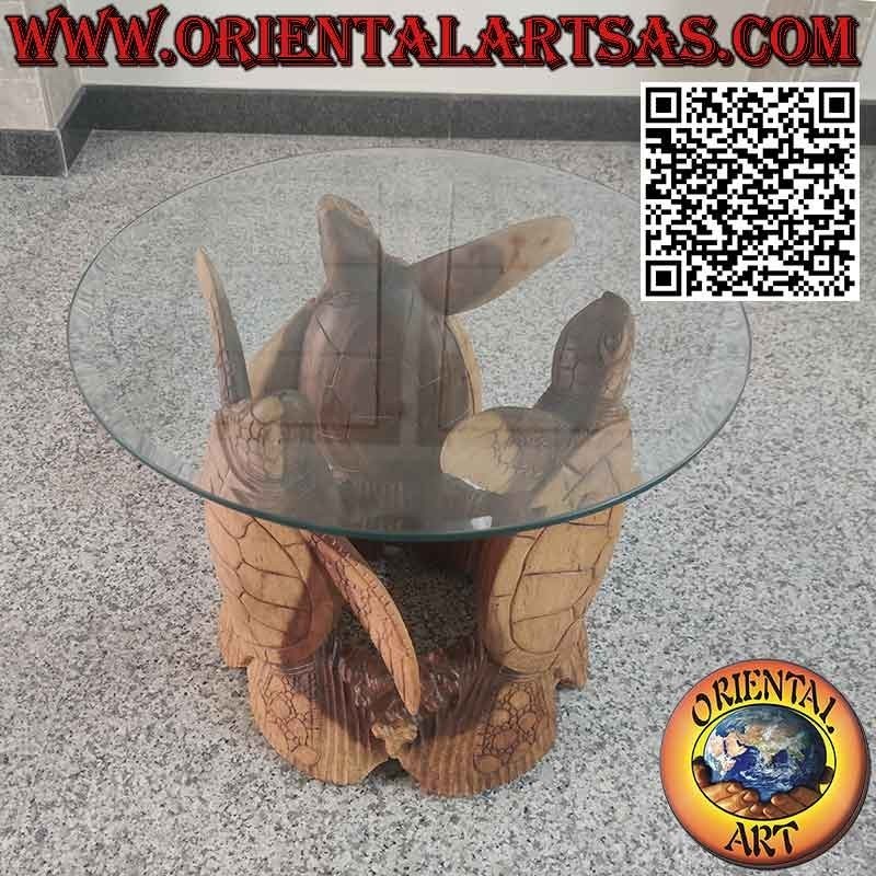 Runder Tisch mit drei geschnitzten Schildkröten und geschliffener Glasplatte