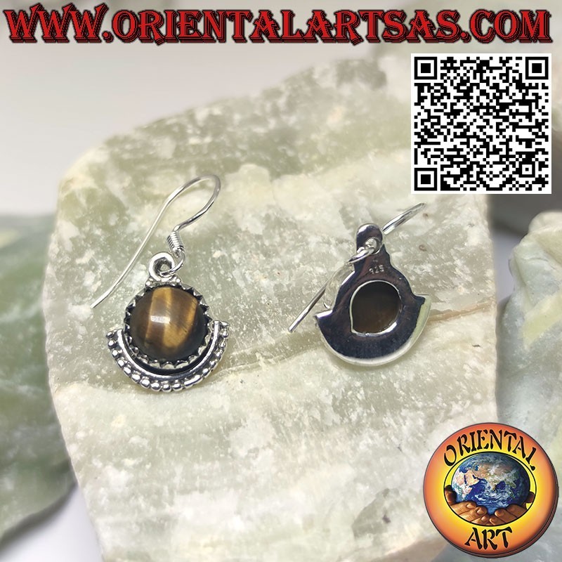 Silver earrings with round tiger eye and semicircle underneath