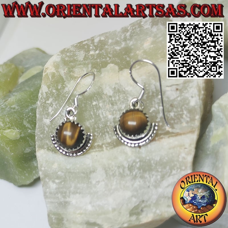 Silver earrings with round tiger eye and semicircle underneath