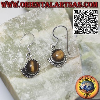 Silver earrings with round tiger eye and semicircle underneath