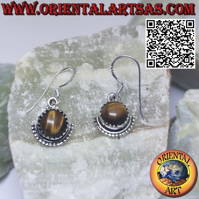 Silver earrings with round tiger eye and semicircle underneath