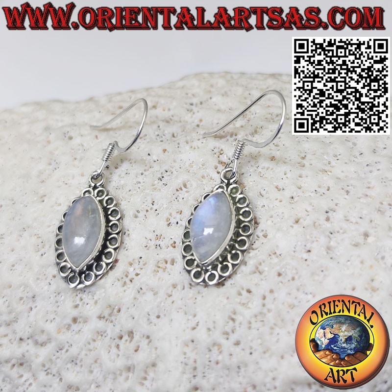 Boucles d'oreilles navette cabochon argent pierre de lune arc-en-ciel
