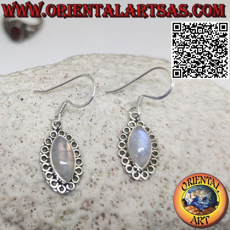 Boucles d'oreilles navette cabochon argent pierre de lune arc-en-ciel