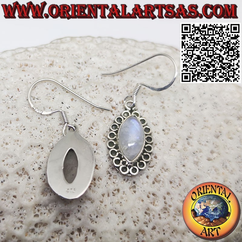 Silver cabochon shuttle rainbow moonstone earrings
