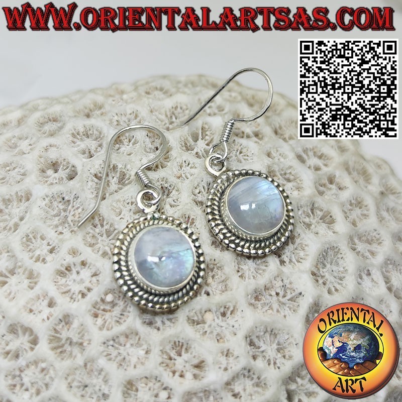 Silver earrings with round rainbow moonstone surrounded by spheres