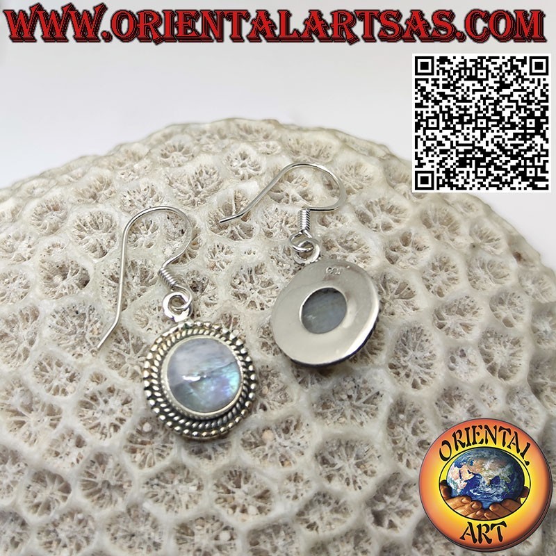 Silver earrings with round rainbow moonstone surrounded by spheres