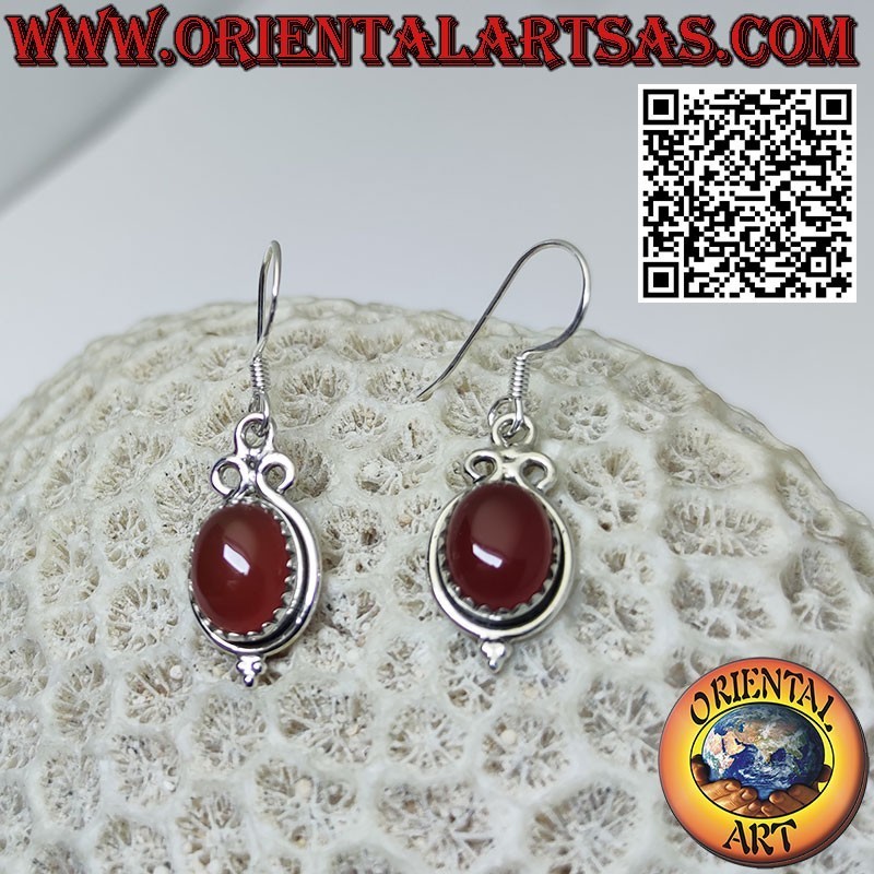 Boucles d'oreilles en argent avec cornaline ovale sertie et 3 cercles au dessus