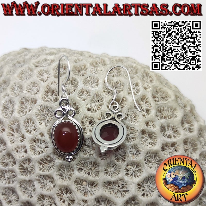 Boucles d'oreilles en argent avec cornaline ovale sertie et 3 cercles au dessus