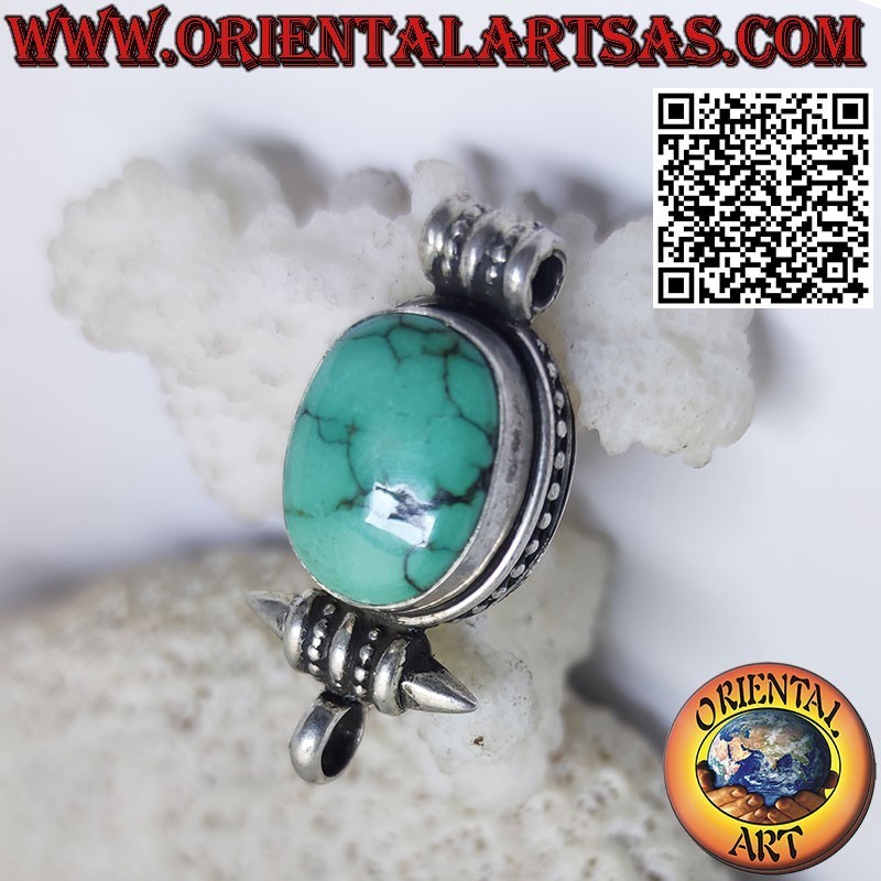 Pendentif en argent "Gao Kalachakra" contenant avec turquoise tibétaine ancienne