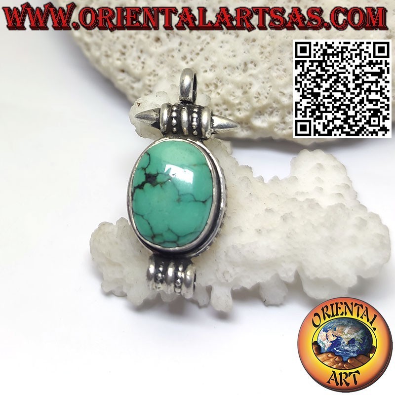 Pendentif en argent "Gao Kalachakra" contenant avec turquoise tibétaine ancienne