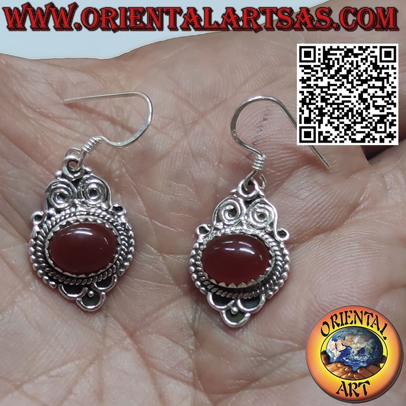 Silver earrings with oval carnelian set crosswise baroque