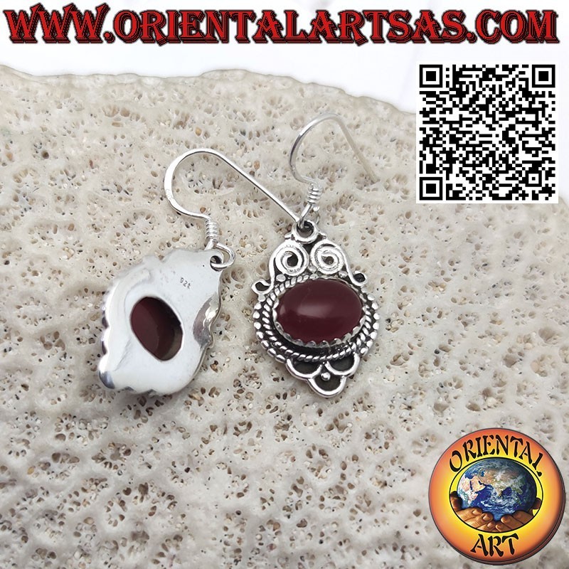 Silver earrings with oval carnelian set crosswise baroque