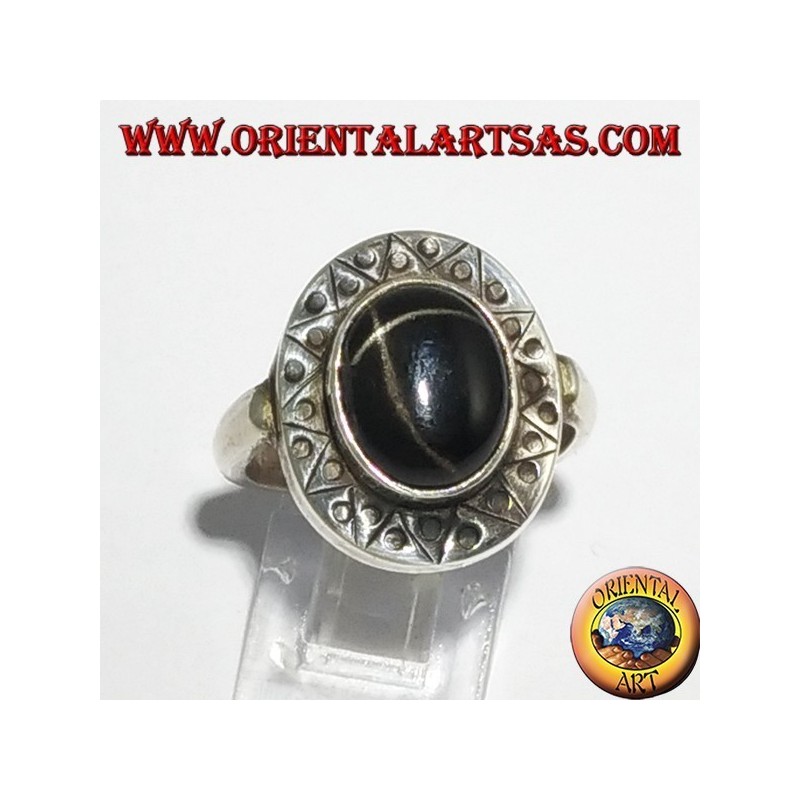 Anillo de Plata con Negro estrella con el borde cincelado